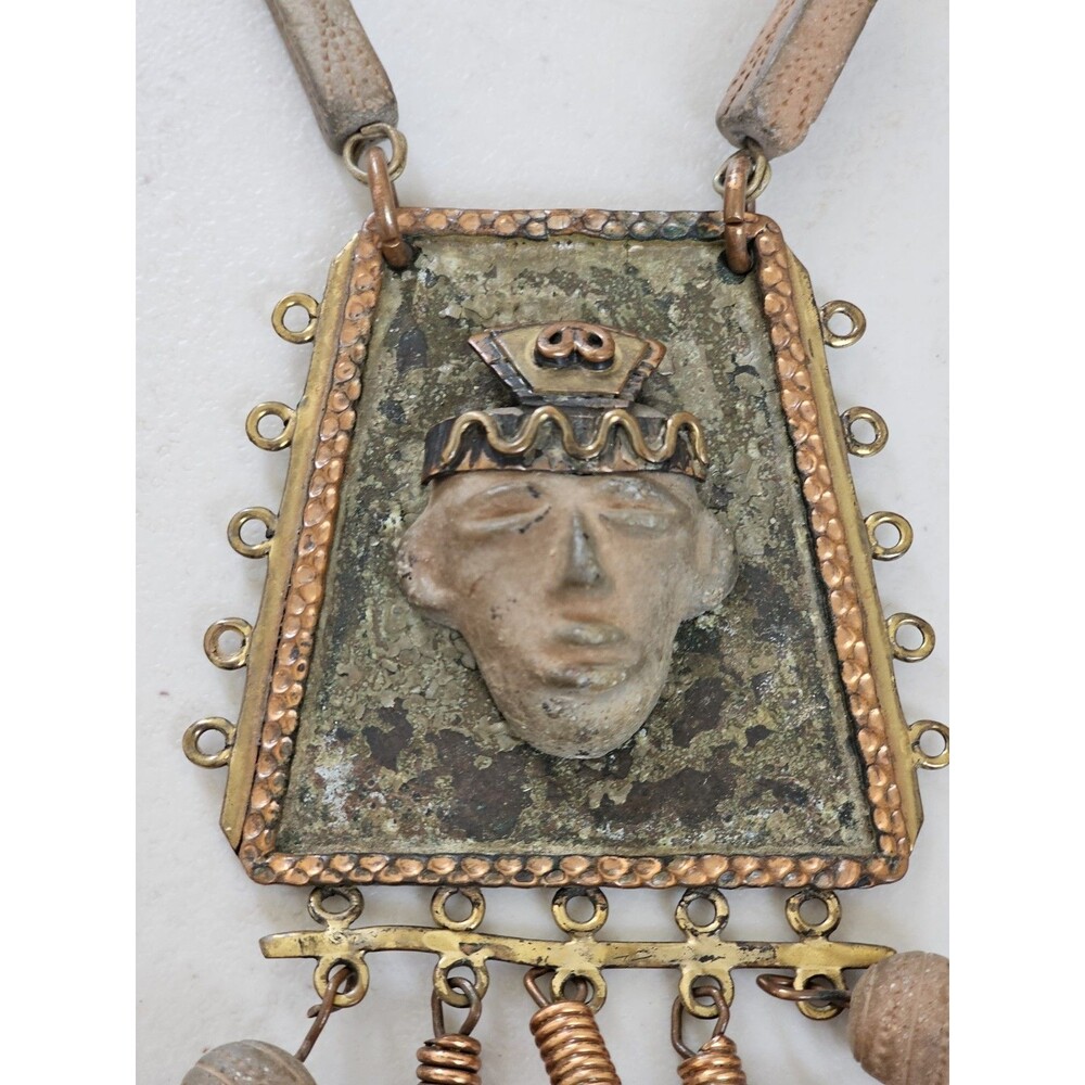 Vintage 1960s-70s Mexico Stamped Mixed Metal Necklace - Maya Ethnic Mask Pendant - Picture 7 of 12